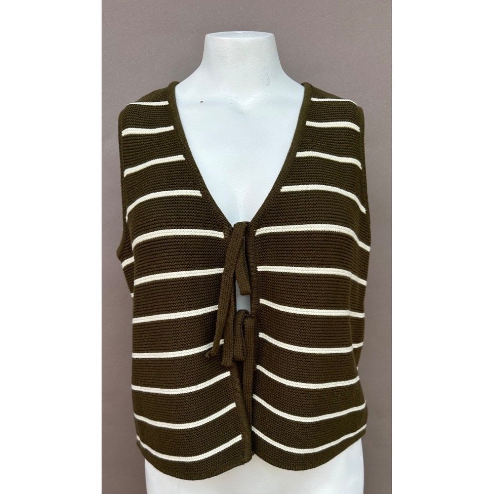 Miou Muse Womens L Tie-Front V-Neck Sweater Vest Knit Olive Green Striped Cotton